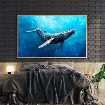 Dive into the majesty of ocean life with this striking humpback whale canvas art. Rendered in rich ocean blues and aquatic tones, this underwater marine painting captures the grace and power of these magnificent creatures in their natural habitat. Perfect for creating a serene focal point in your living room, above your sofa, or beside your bed, this piece brings coastal tranquility and sophisticated elegance to any space.