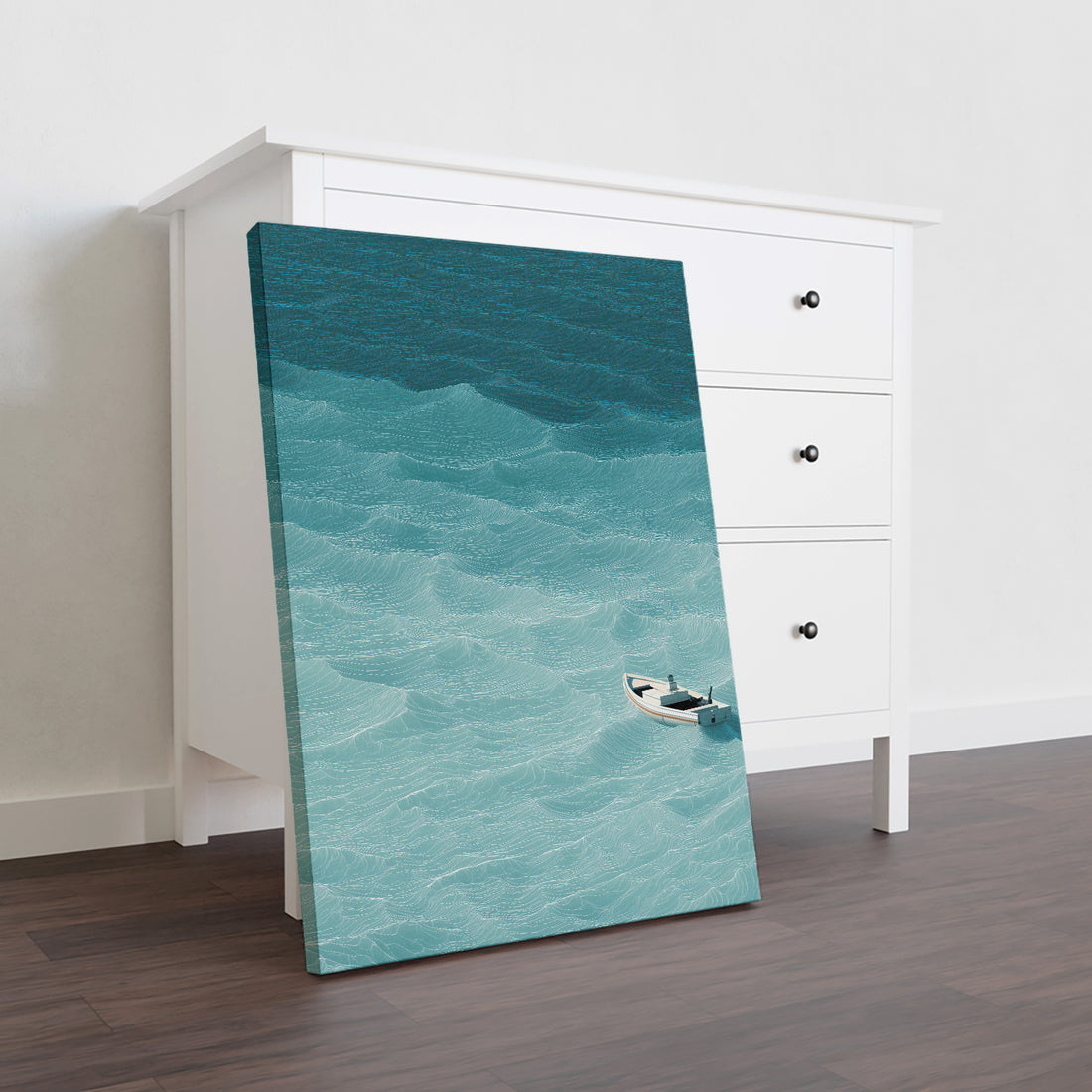 Transform your space with this captivating seascape canvas, featuring a serene turquoise ocean and solitary white boat. The tranquil composition creates a focal point that draws the eye while promoting calm and relaxation. Perfect for living rooms, bedrooms, or above sofas, this piece brings coastal elegance to any interior. The rich color palette and balanced composition complement modern and traditional décor alike. Ideal for those seeking to infuse their home with peaceful, nautical-inspired aesthetics.