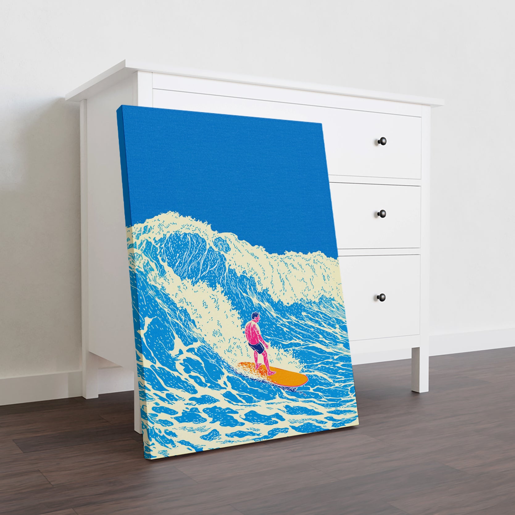Capture the essence of coastal living with this striking ocean wave surfing art print. Rendered in dynamic shades of blue and orange, this modern piece brings energy and movement to any space. 