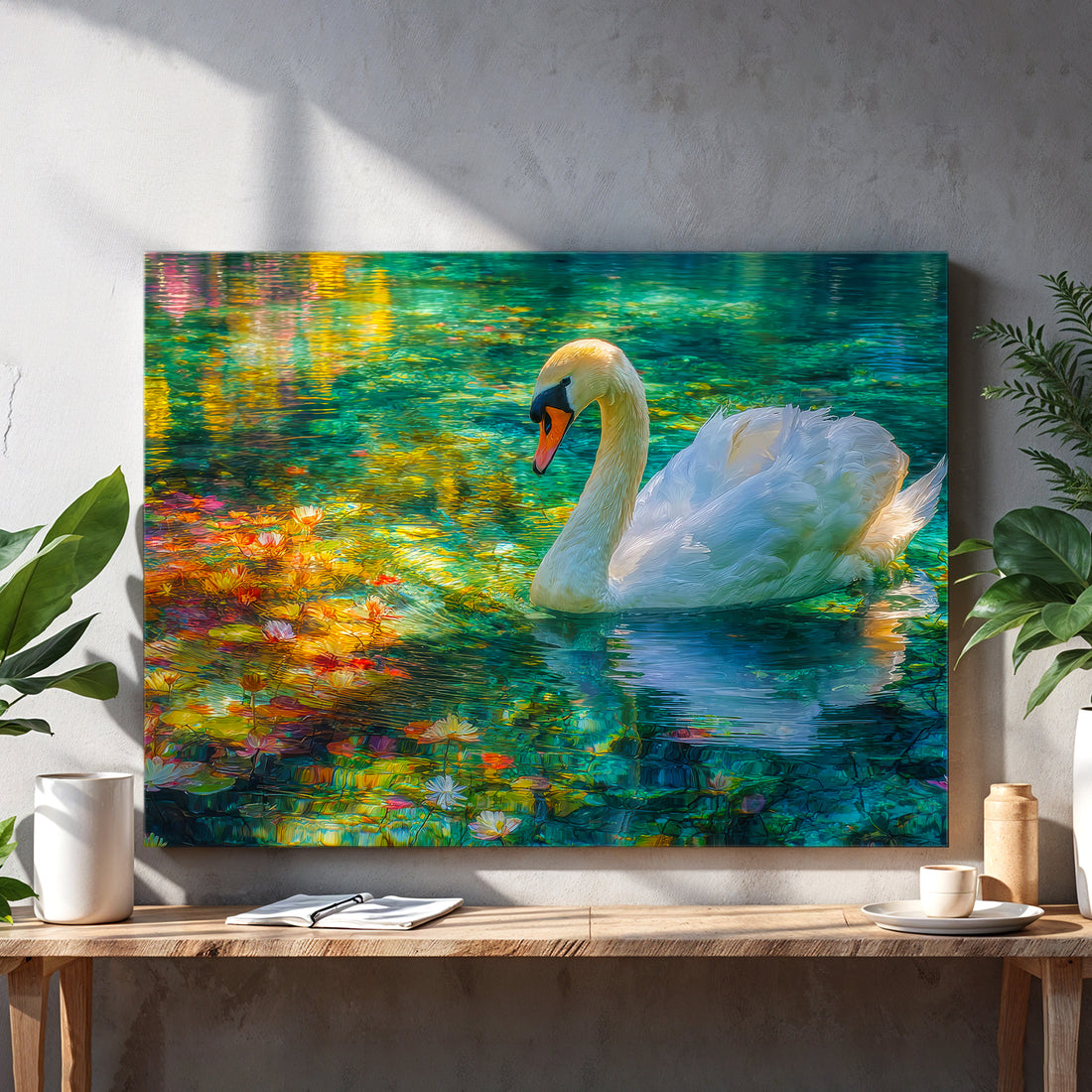 Transform your living space with this stunning swan canvas art featuring a vibrant pond scene adorned with delicate water lilies. The piece captures serene natural beauty through rich, layered colors that draw the eye and spark conversation. Perfect for above sofas, bedroom walls, or any room needing an artistic focal point, this canvas brings tranquility and elegance to your home décor. The dynamic composition balances wildlife artistry with botanical elements, creating visual depth that complements both c