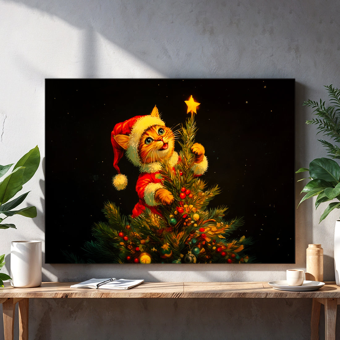 Bring festive charm to any room with this delightful Christmas canvas wall art featuring a playful cat perched among tree branches, surrounded by colorful ornaments and a gleaming star.