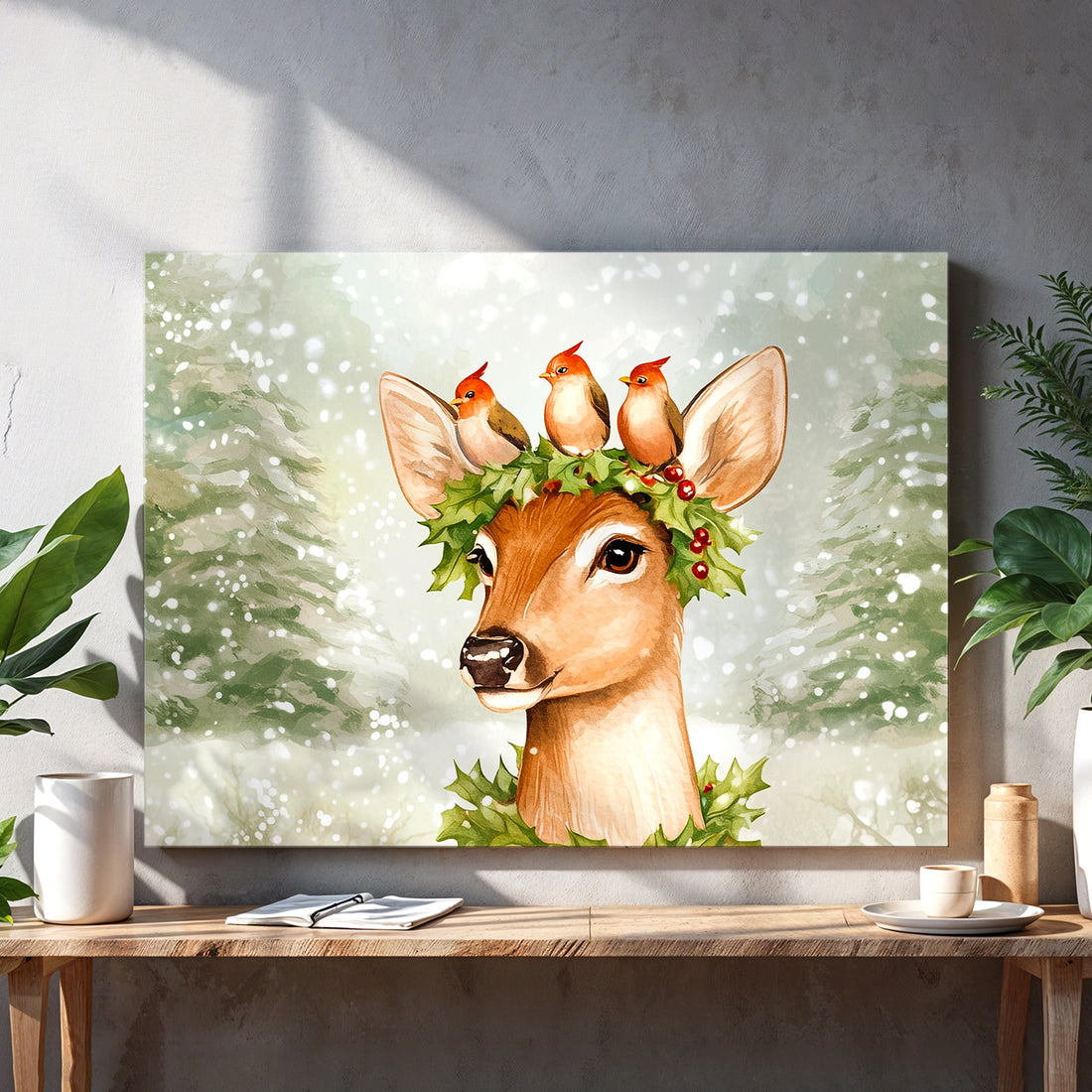 Transform your space into a winter wonderland with this captivating canvas wall art featuring a majestic deer adorned with a festive holly wreath and accompanied by vibrant cardinals. This expertly crafted piece combines seasonal charm with timeless elegance, making it an ideal focal point for your living room, above your sofa, or beside your bed. The rich holiday palette and intricate details create visual depth that complements both traditional and contemporary interiors.