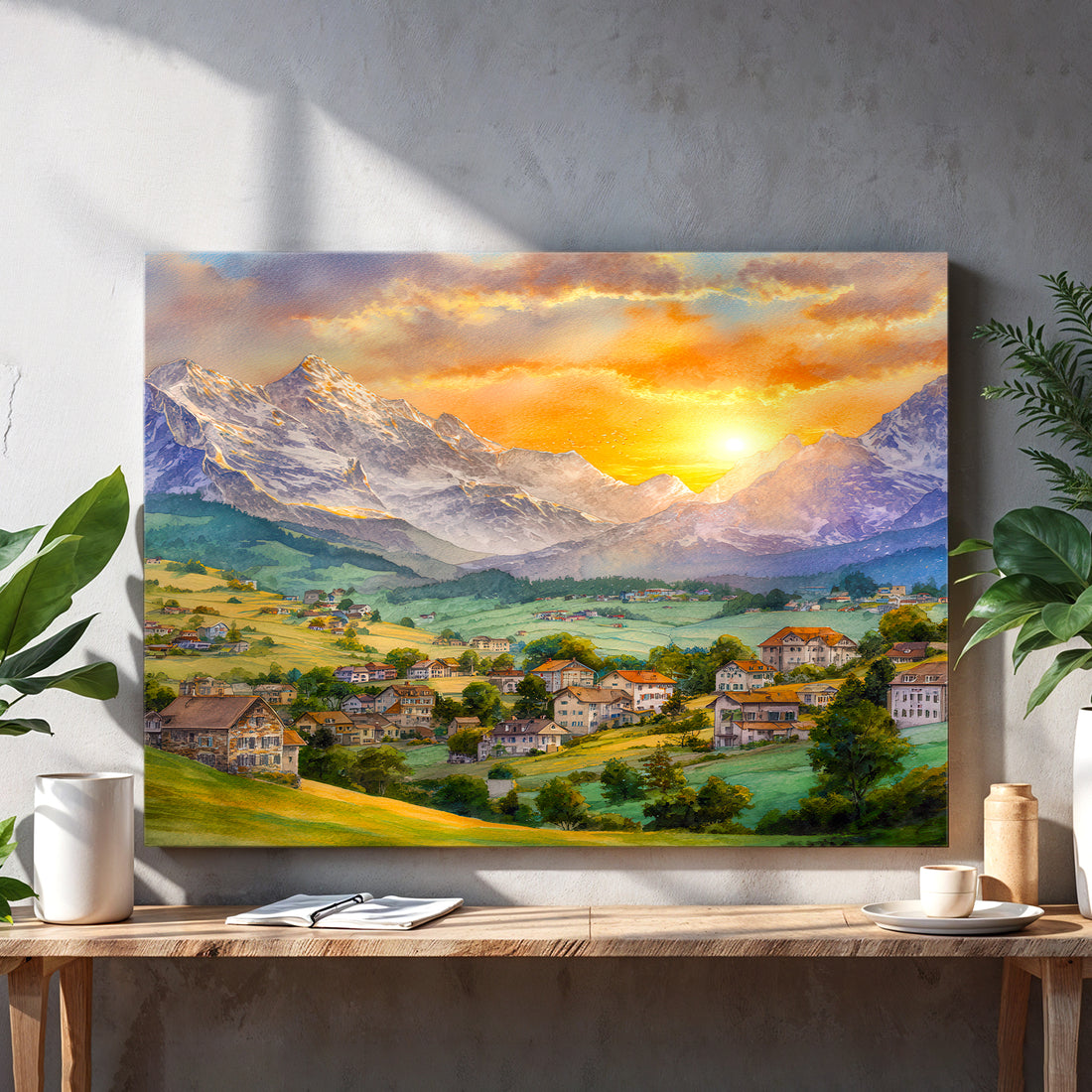 Transform your space with this stunning Alpine Mountain Village Canvas Wall Art, capturing the serene beauty of a sunset-kissed mountain landscape. Expertly rendered with rich, warm tones and intricate detail, this piece brings the majesty of alpine scenery directly into your home.