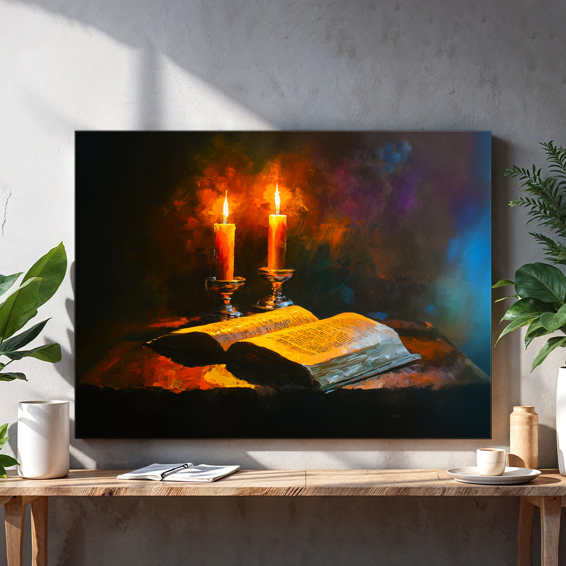 Religious Candlelight Canvas Wall Art, Illuminated Bible with Candles - For Living Room, Sofa Backdrop, Bedside Decoration, Home Decor