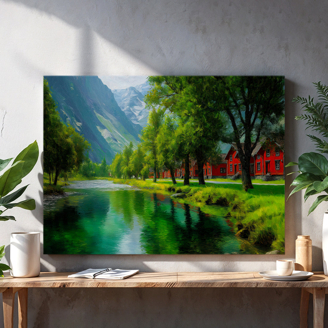 Bring serene natural beauty into your home with this stunning mountain lake landscape canvas. Featuring a picturesque scene of majestic peaks reflected in tranquil waters, complemented by a charming red cabin nestled in the scenery, this piece captures the essence of wilderness tranquility. The expertly composed artwork creates a focal point that transforms any room—whether displayed above your sofa, beside your bed, or in your living space.
