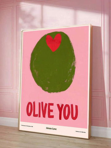 Olive You pink kitchen canvas poster with green olive and red heart in a rosy room
