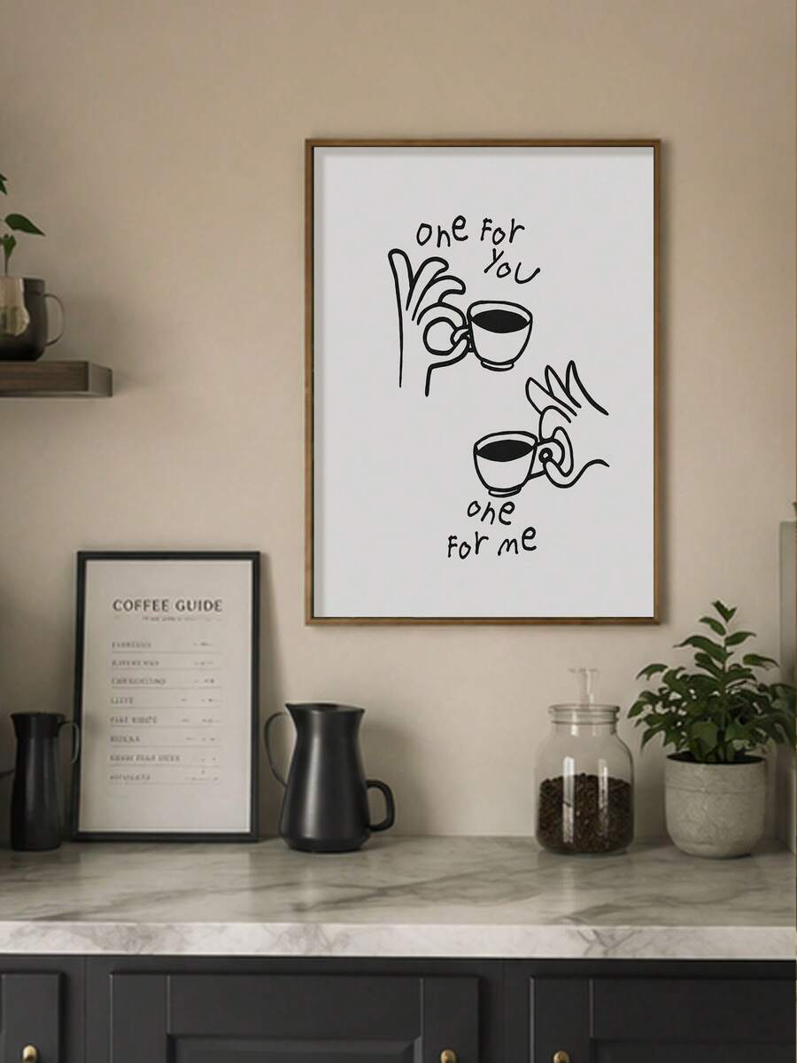 Framed One for You One for Me coffee line art canvas poster above a coffee station