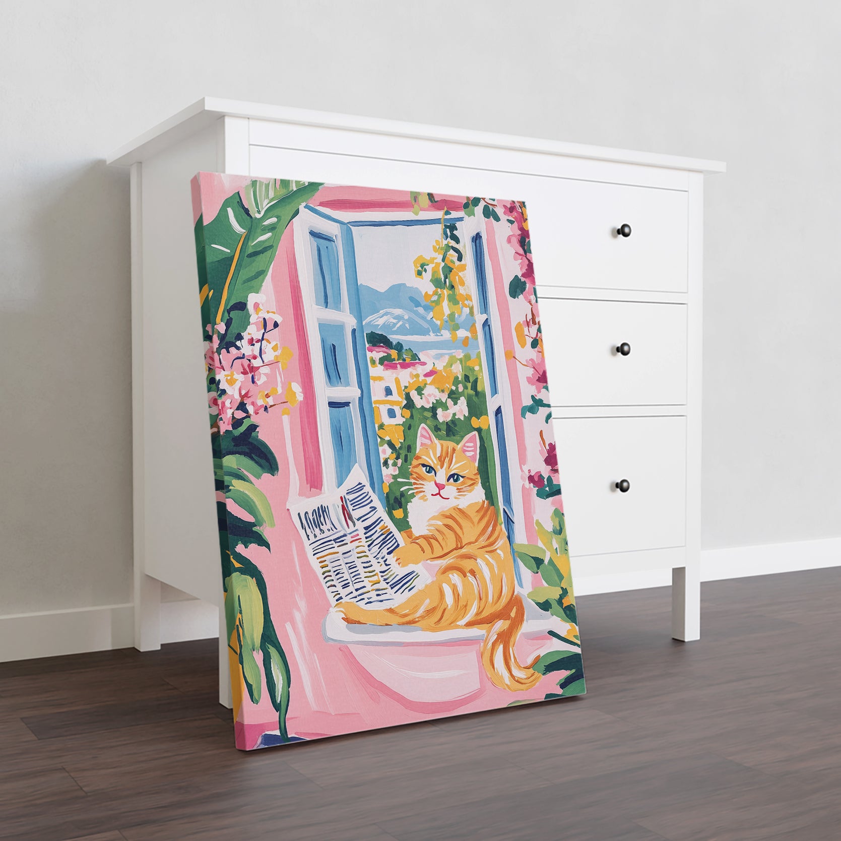 This lovely artwork features an orange cat reading by a window, set against a beautiful tropical pink garden scene. Perfect for decorating your living room, sofa backdrop, or bedside, this piece will add a charming touch to your home decor. Brighten up your space with this delightful combination of feline and floral elements.