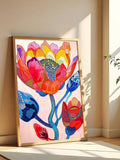 Floral wall art with orange poppy and bold colorful botanical linework in frame