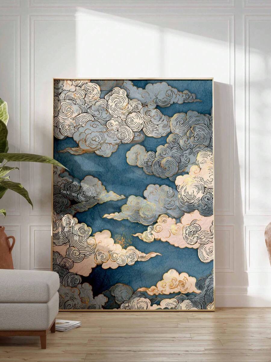 Blue auspicious cloud Japanese Ukiyo-e canvas art in a gold-toned wood frame