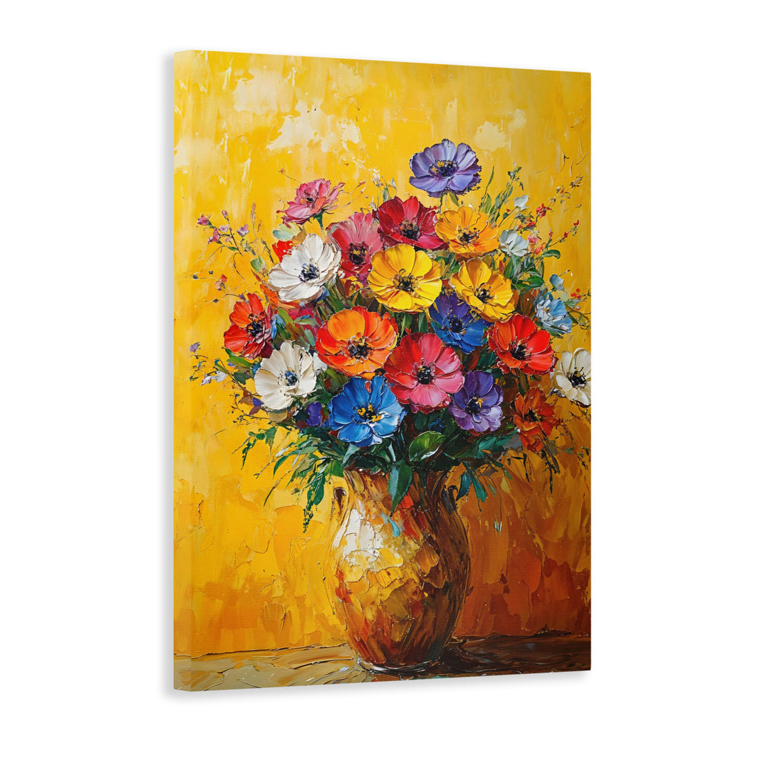 This oil painting on canvas features a vibrant floral bouquet in a vase, adding a touch of elegance to any room. With its beautiful flowers and vibrant colors, this canvas art is the perfect addition to your living room, bedroom, or any other space in need of a decorative touch. Elevate your home decor with this stunning piece of art.