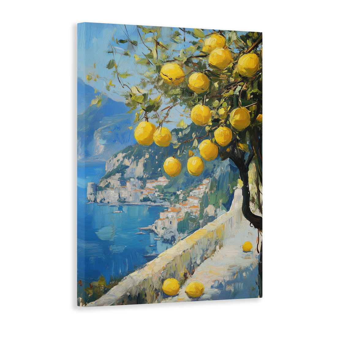 Transform your living space into a serene Mediterranean coastal oasis with our stunning canvas wall art. Featuring a picturesque Amalfi coast lemon tree painting, this piece adds a touch of tranquility to any room. Perfect for sprucing up a living room, creating a beautiful sofa backdrop, or adding a bedside decoration to your bedroom. Elevate your home decor with this gorgeous piece of art.