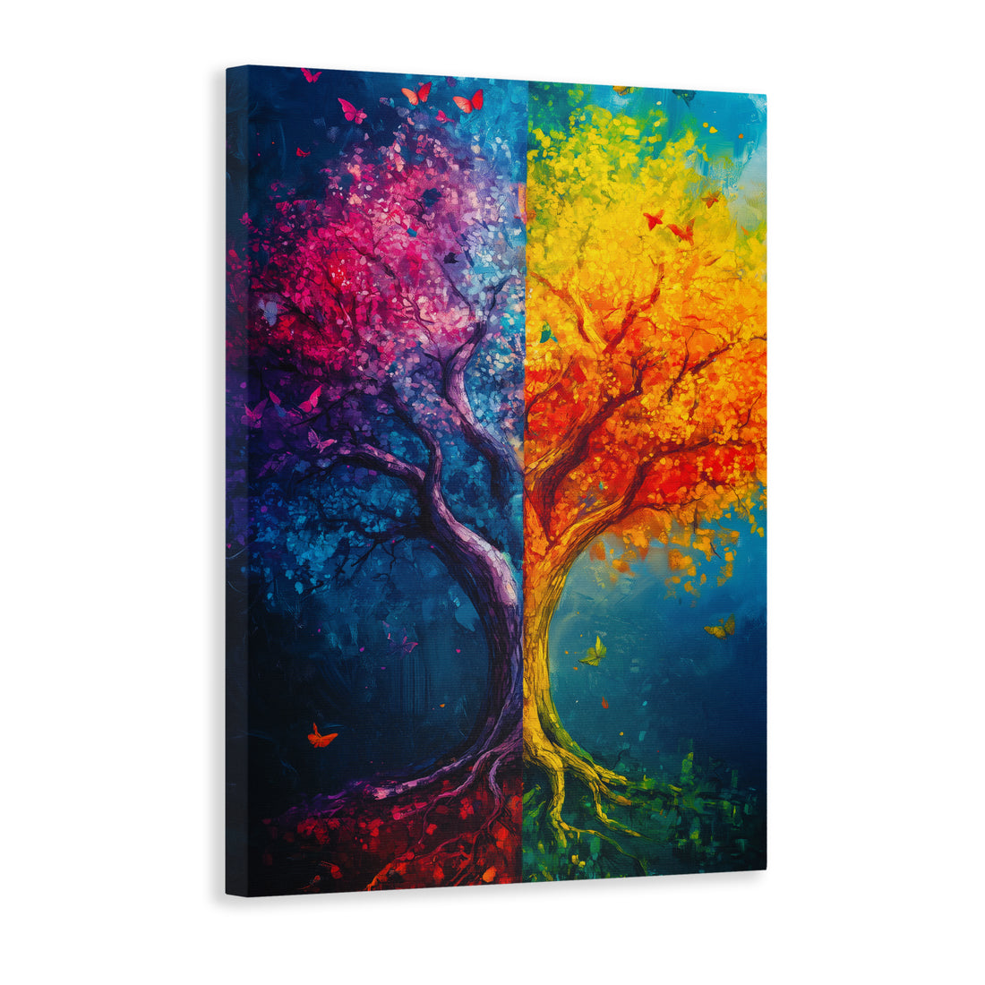 Enhance the decor of your living room, sofa backdrop, or bedside with our Dual Season Tree Canvas Wall Art. This nature-inspired print captures the beauty of both night and day, adding depth and elegance to any space. Made with high-quality canvas, this art piece is durable and adds a touch of sophistication.