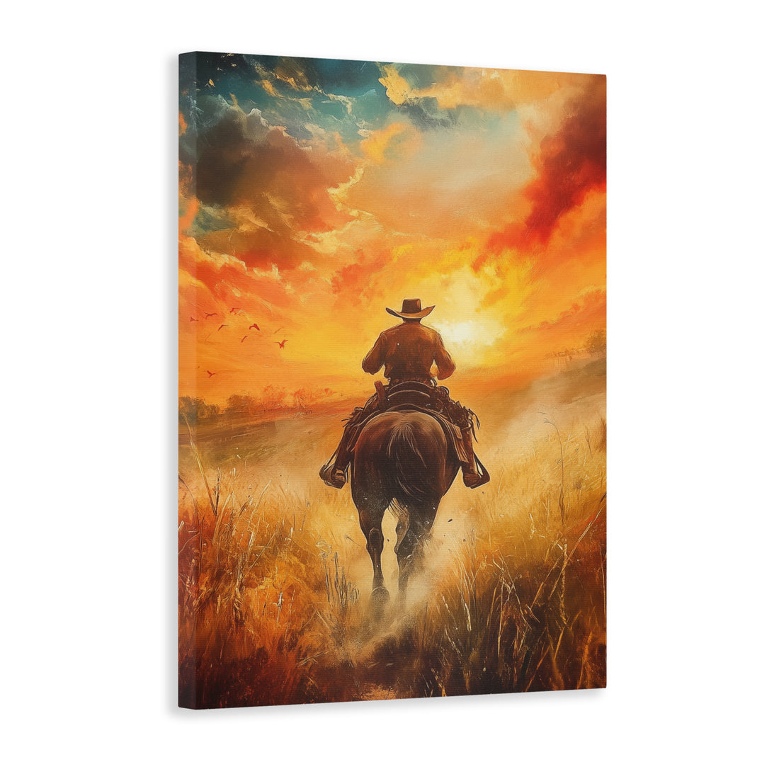 Add a touch of rugged Western charm to your living room, bedroom, or any other space with our stunning Western Sunset Canvas Wall Art. Featuring a striking image of a cowboy horseback riding through a beautiful sunset, this piece adds a rustic yet elegant vibe to any room. Perfect for a sofa backdrop or bedside decoration.