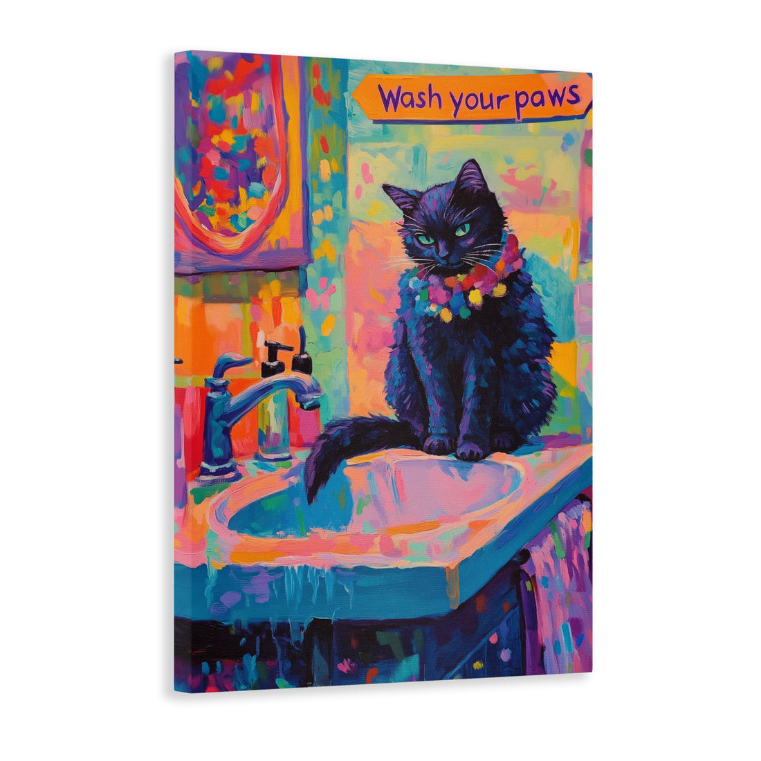 This Colorful Black Cat Bathroom Wall Art Canvas features a playful yet sophisticated Wash Your Paws print. Perfect for adding a touch of whimsy to your living room, sofa backdrop, bedside or any room in your home. Crafted with high quality canvas, it's a durable and stylish home decor piece.