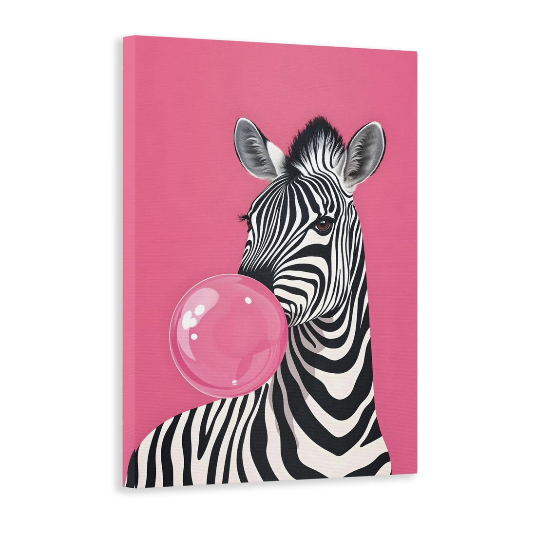 Introduce lively color to your living space with our Zebra Bubblegum Wall Art. Expertly printed on a pink background canvas, this piece adds a playful touch to a living room, sofa backdrop, bedside, or any room in need of a pop of color. Perfect for adding charming home decor.