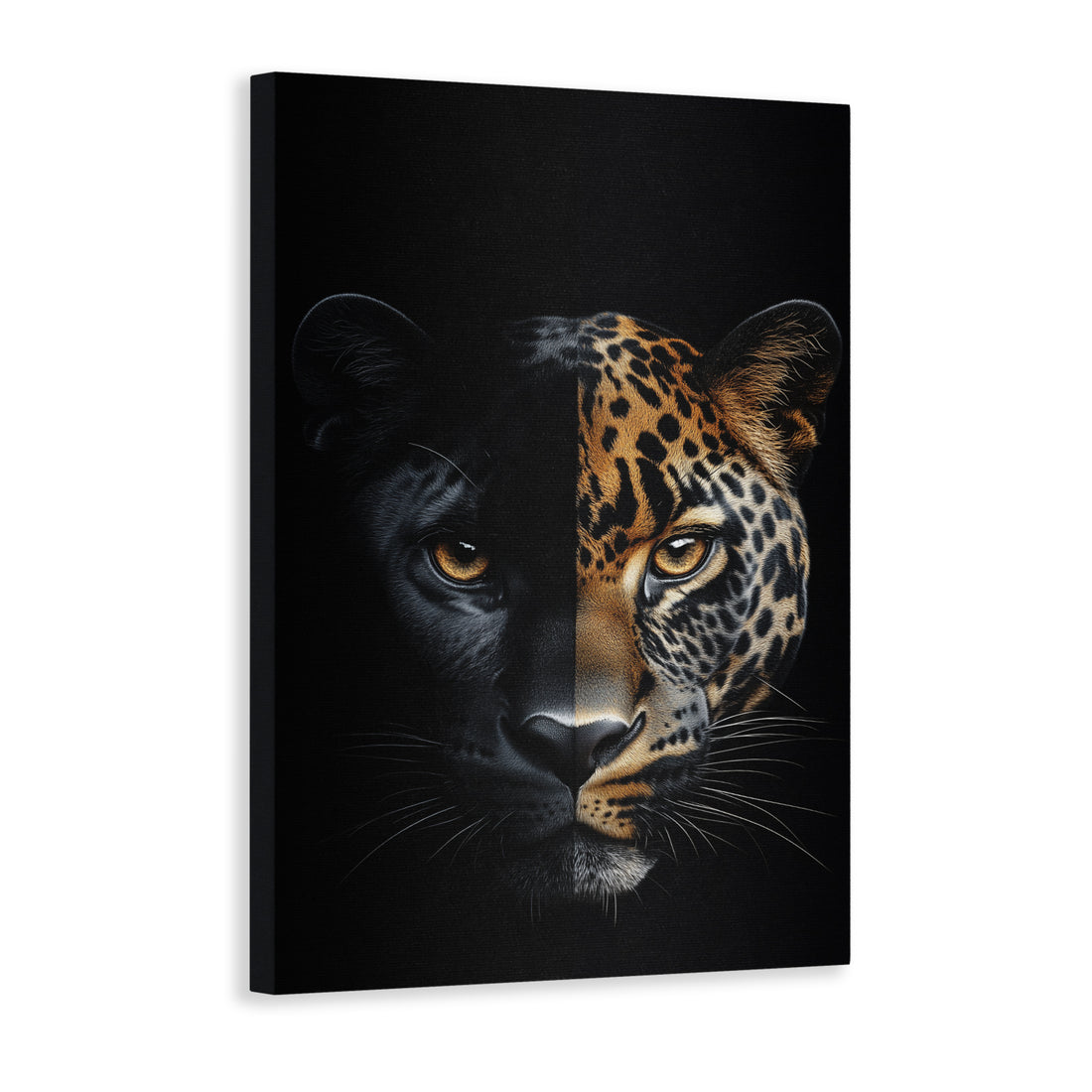 Add a touch of elegance to your living space with our Jaguar Face Canvas Wall Art. Featuring a striking black and gold split portrait, this piece is perfect for the living room, sofa backdrop, bedside, or any other room in your home. Elevate your home decor with this unique and stylish piece.