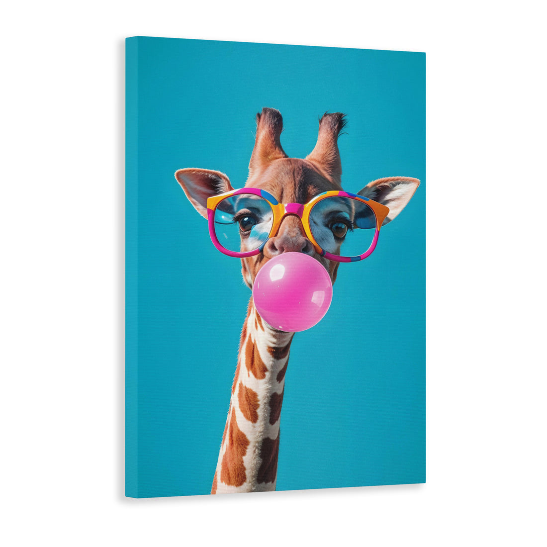 This Funny Giraffe Canvas Wall Art is a playful addition to any living room, sofa backdrop, or bedside decoration. Featuring a giraffe donning pink bubblegum and glasses, this art piece adds a touch of humor and charm to your home decor. Crafted with high-quality canvas, it's the perfect accent for animal lovers.