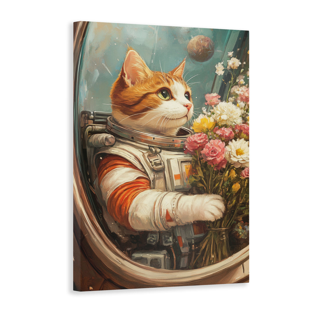 Intergalactic feline dreams come to life with our Space Cat Astronaut Wall Art Canvas. This whimsical orange cat, adorned with delicate flowers, will add a touch of charm to your living room, sofa backdrop, or bedside. Elevate your home decor with this unique and playful piece.