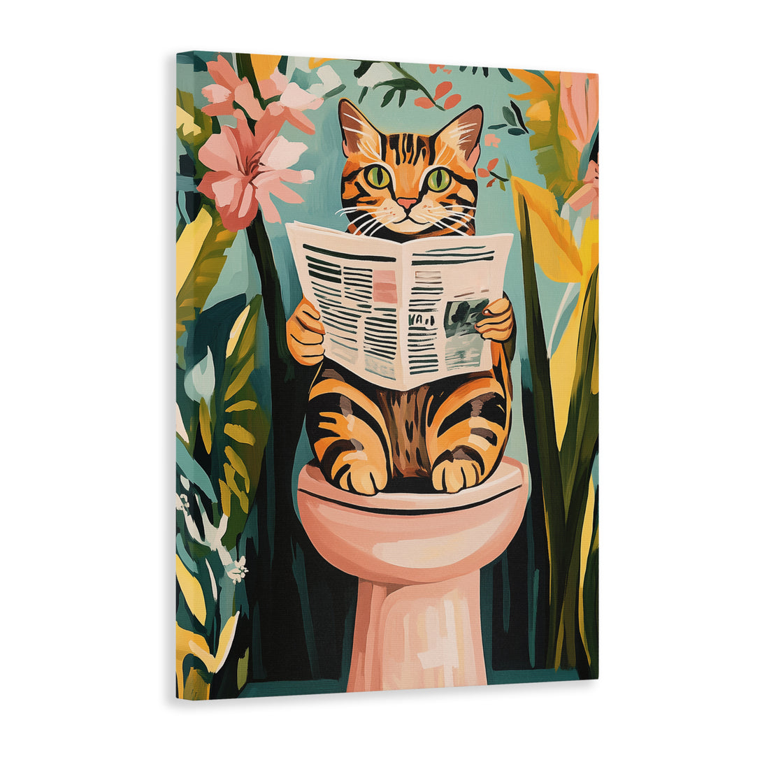 Add a touch of humor and whimsy to any room with this Funny Cat Reading Newspaper on Toilet Canvas Wall Art. Perfect for your living room, sofa backdrop, bedside, or any other area in need of some decoration. This unique canvas art will be sure to bring a smile to your face every time you see it.