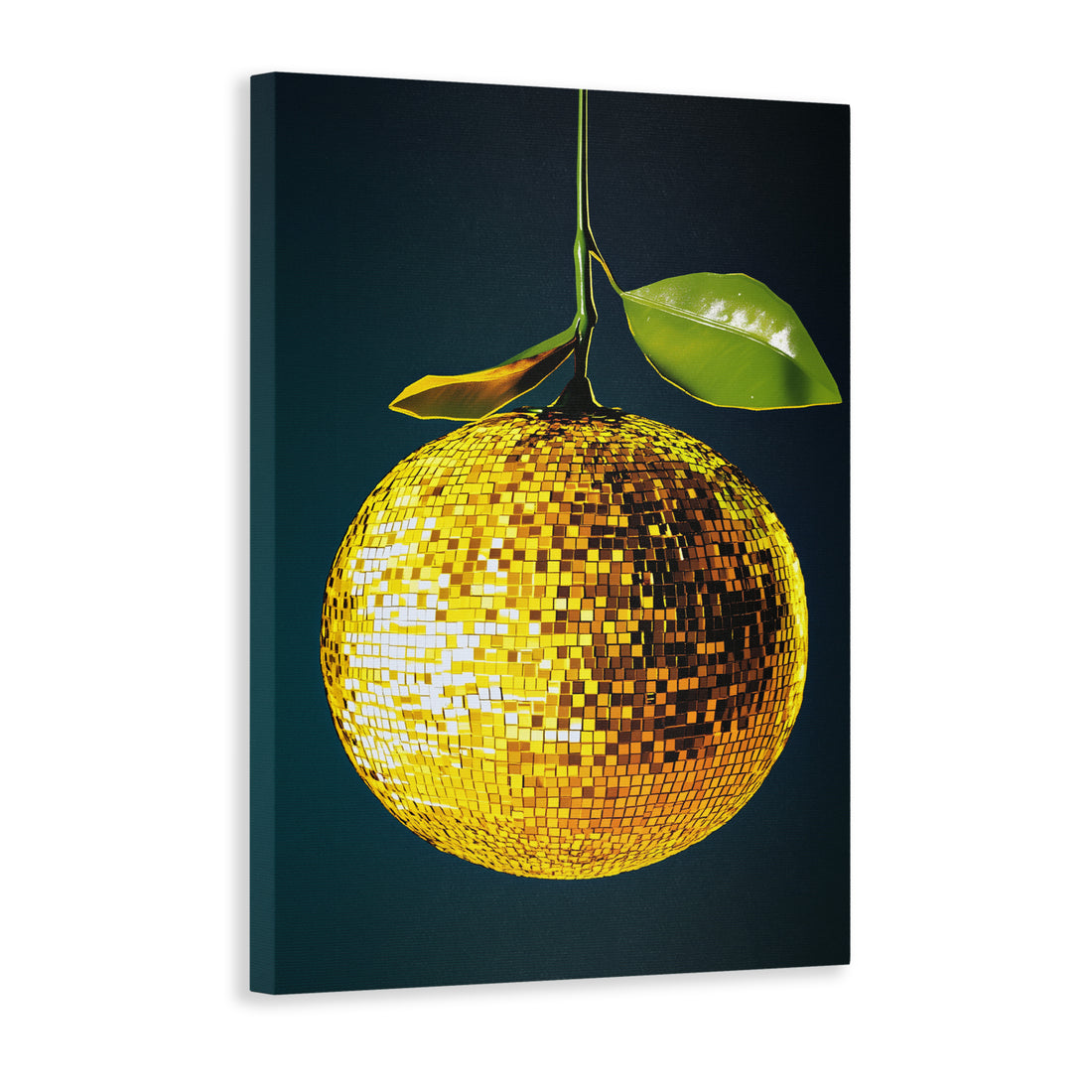 Add a pop of color to any room with this modern canvas print featuring a vibrant orange disco ball and delicate leaves. Perfect for decorating your living room, sofa backdrop, or bedside, this print adds a touch of contemporary style to any space.