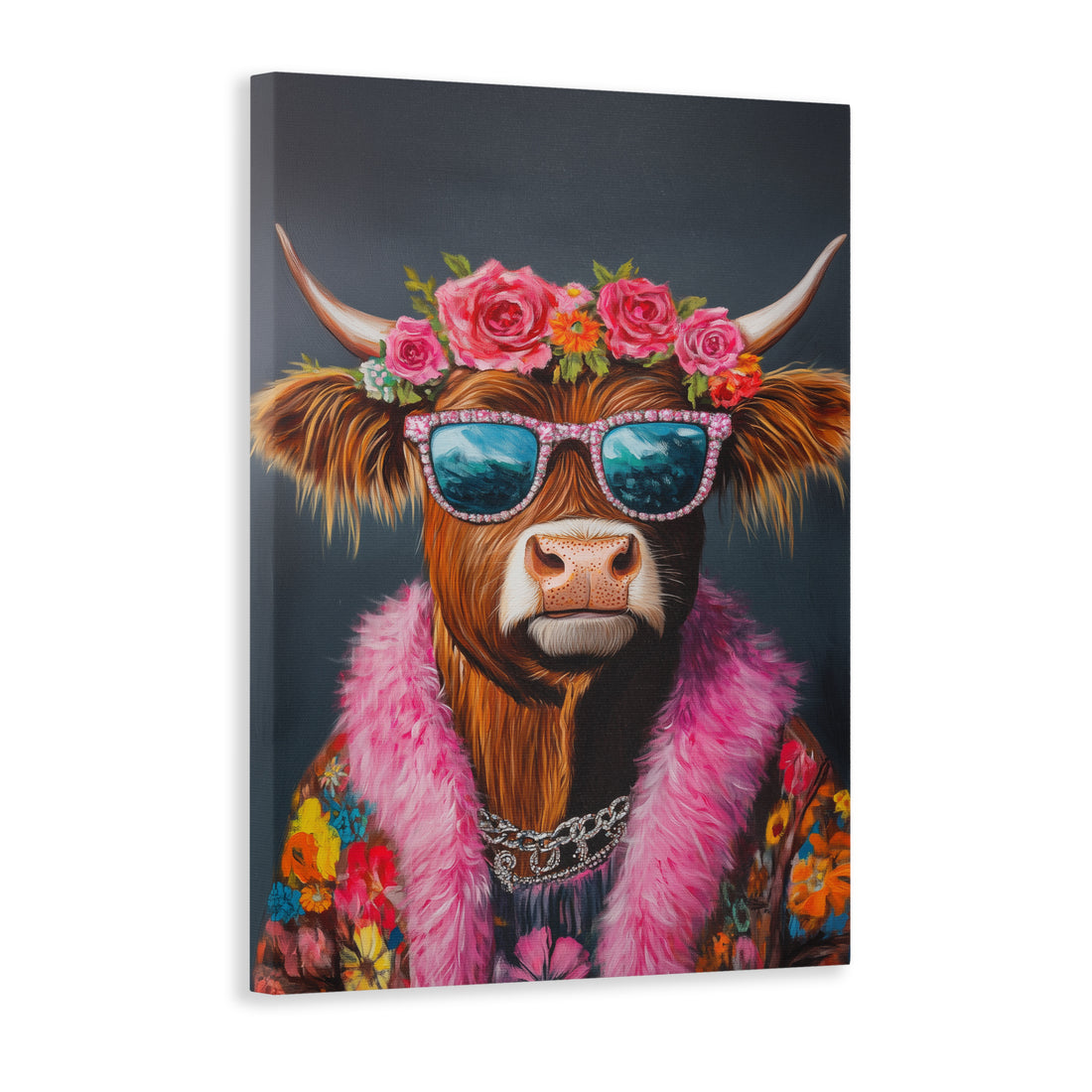 Infuse whimsy into your home with this Highland Cow Canvas Wall Art featuring a floral crown and sunglasses. Perfect for your living room, sofa backdrop, or bedside decoration. Add a touch of charm and playfulness to your home decor.