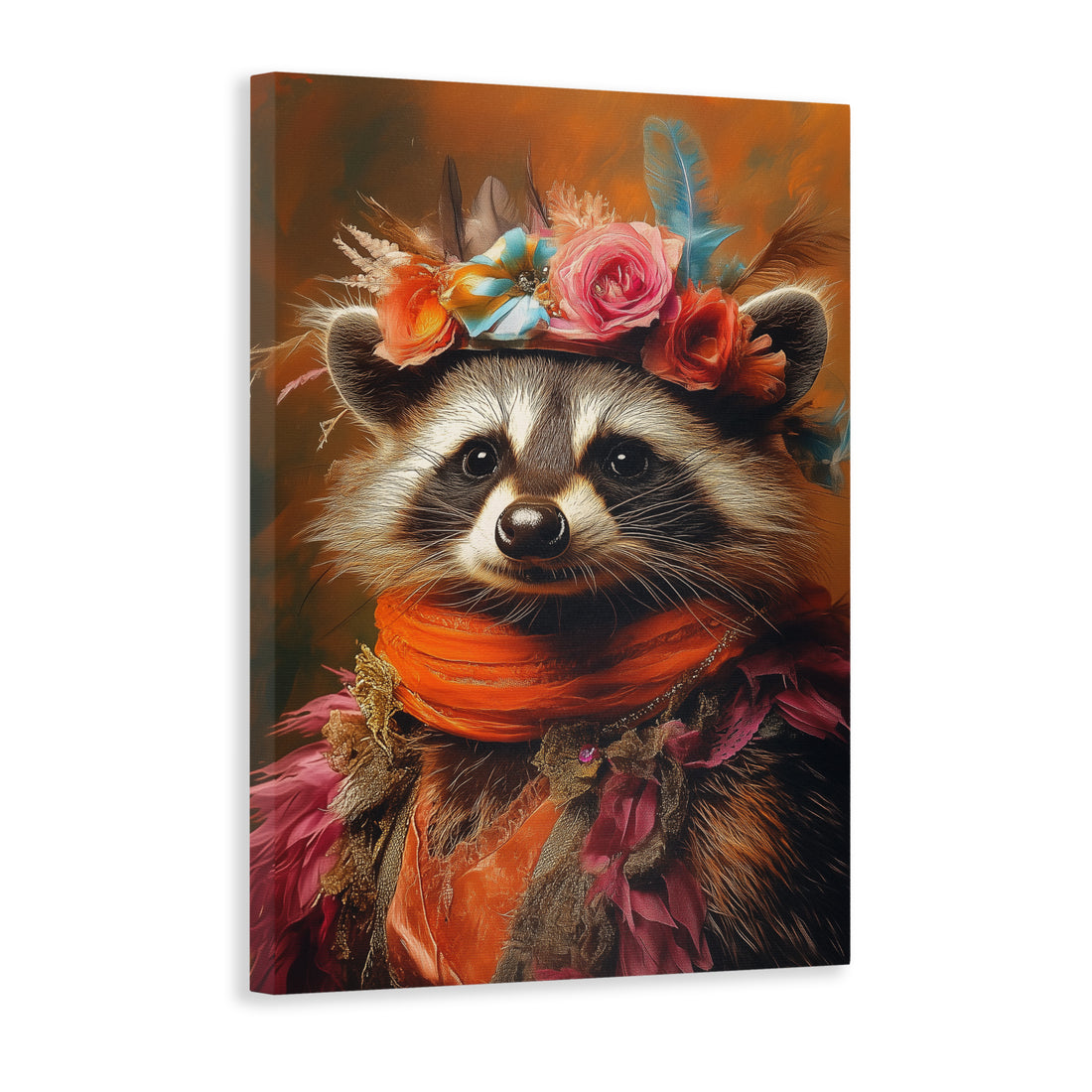 Add a touch of playful charm to your home decor with our whimsical raccoon canvas wall art. Featuring a delightful floral crown design, this piece is perfect for brightening up any living room, sofa backdrop, or bedside. Elevate your space with this unique and eye-catching piece.