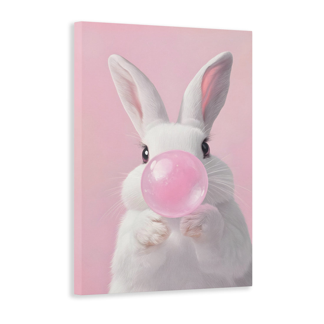 This cute bunny canvas wall art is the perfect addition to any living room, sofa backdrop, or bedside. The playful design features a sweet pink bubble gum bubble, adding a touch of whimsy to your home decor. Made of high-quality canvas, this art piece is sure to brighten up any space.