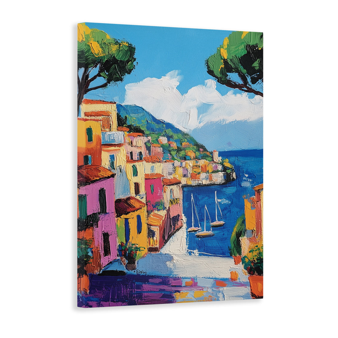 Transform your living room or bedroom into a seaside oasis with our Mediterranean Coastal Village Canvas Wall Art. The vibrant colors and detailed harbor scene featuring sailboats will transport you to the colorful Italian coast. Perfect for any room in your home, this canvas print will add a touch of seaside charm and relaxation.