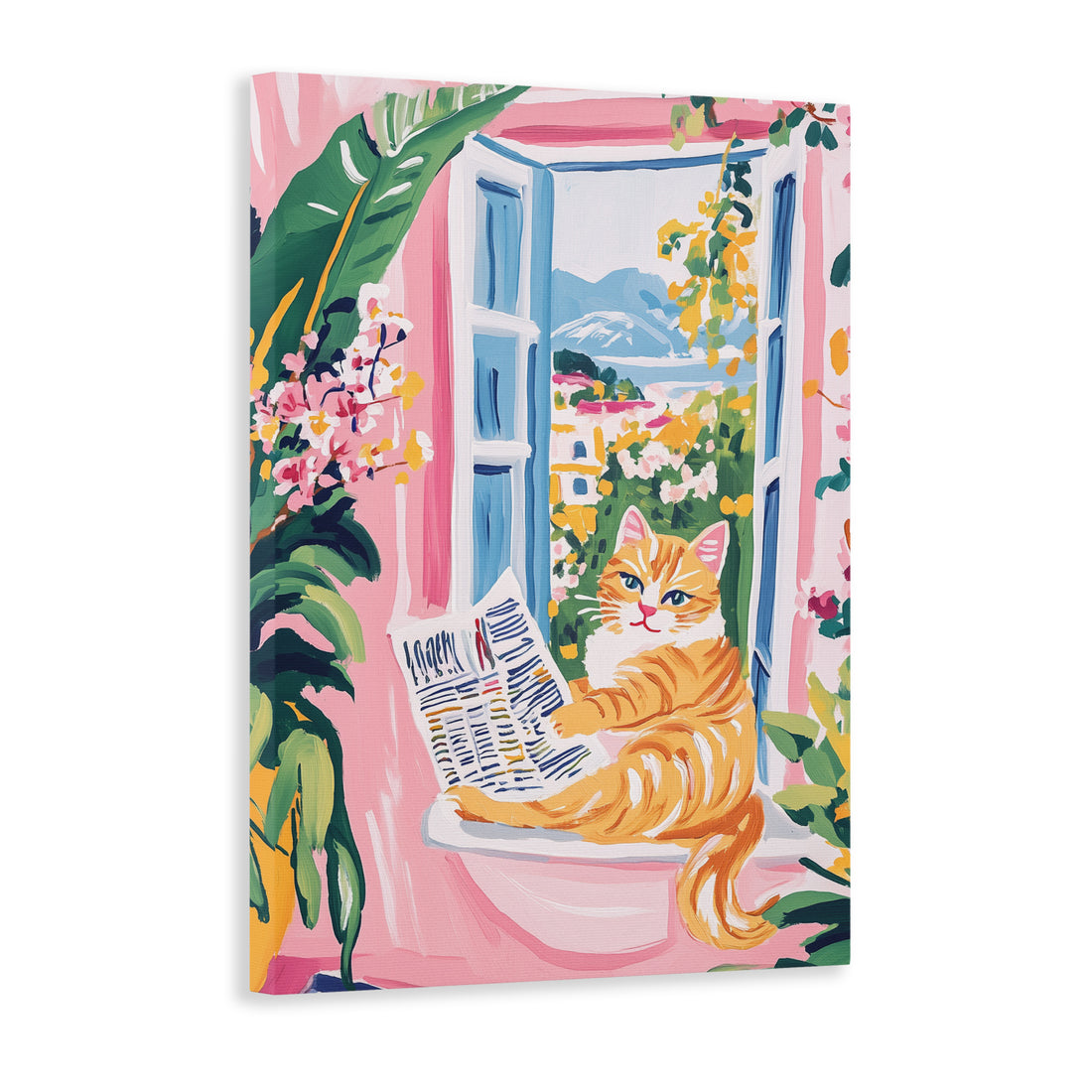 This lovely artwork features an orange cat reading by a window, set against a beautiful tropical pink garden scene. Perfect for decorating your living room, sofa backdrop, or bedside, this piece will add a charming touch to your home decor. Brighten up your space with this delightful combination of feline and floral elements.