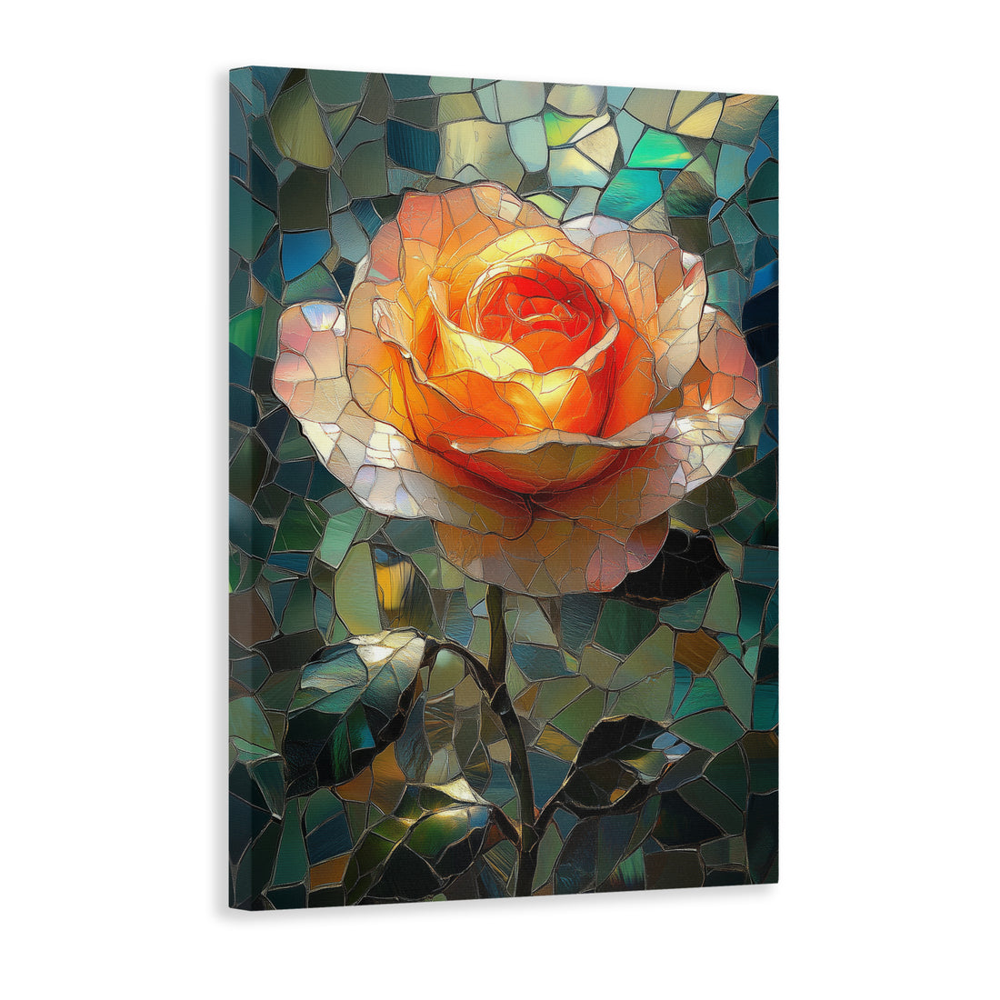 Expertly crafted with stained glass style, our Mosaic Rose Wall Art Canvas features a vibrant orange flower that will liven up any room. Perfect for adding a touch of color and elegance to your living room, sofa backdrop, bedside, or any other home decor.