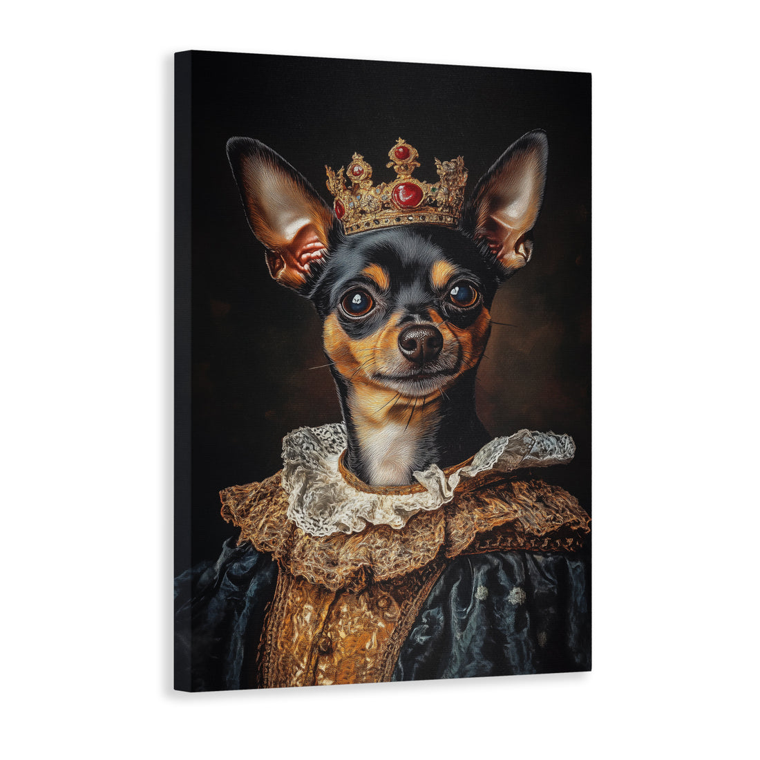 Expertly crafted Royal Pet Portrait Canvas Wall Art featuring a regal Chihuahua donning a crown and Renaissance costume. The perfect addition to any living room, adding personality to your sofa or bedside. Elevate your home decor with this charming piece.