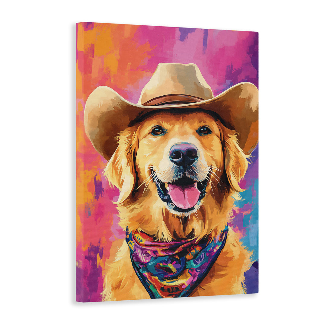 Add a touch of charm to your living space with our Colorful Golden Retriever Canvas Wall Art featuring a cowboy hat-wearing dog. Perfect for your living room or as a bedside decoration, this piece adds a playful yet stylish touch to any room.