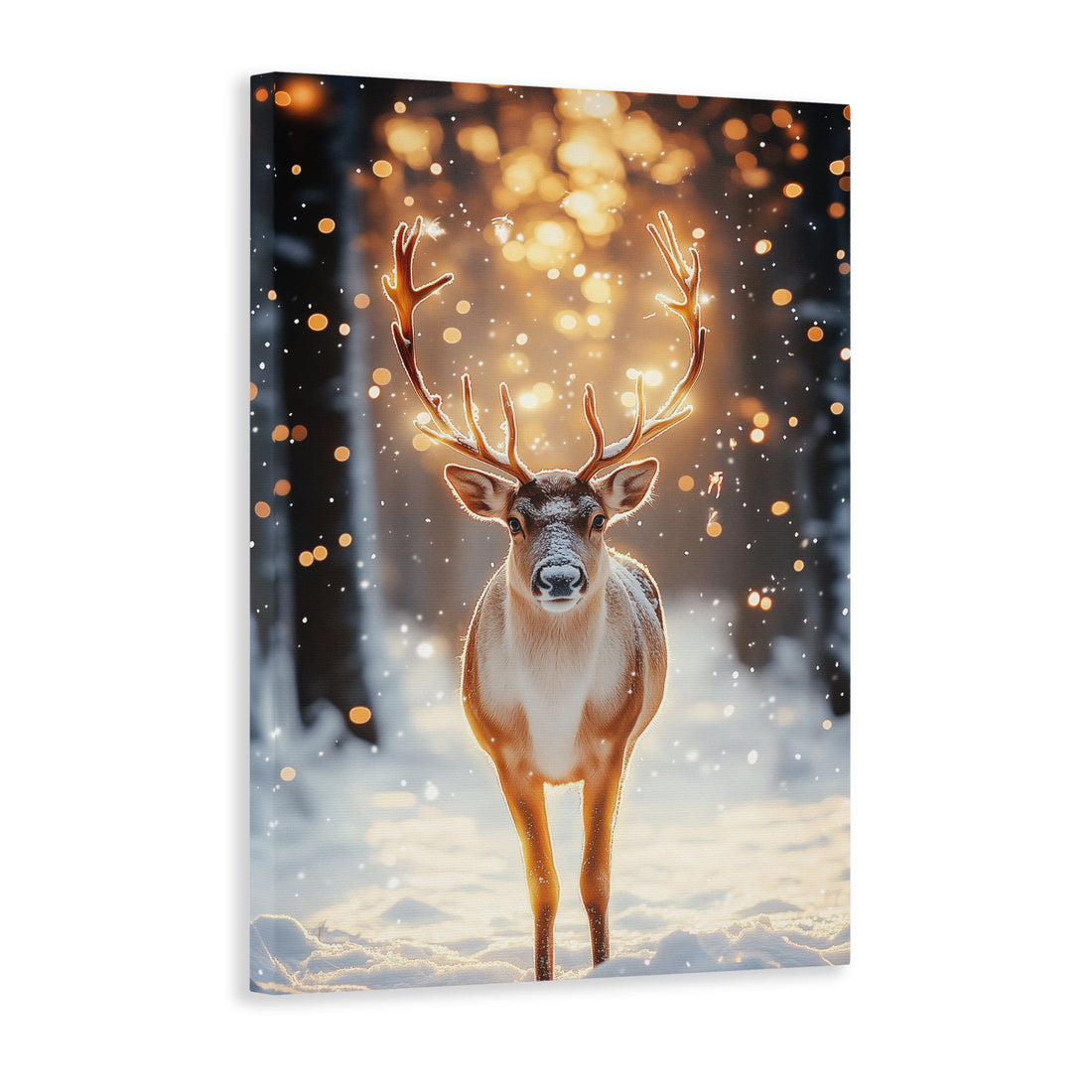 Capture the mesmerizing beauty of winter wildlife with this stunning art print featuring a majestic reindeer in a snowy forest. Perfect for adding a touch of nature to your living room, sofa backdrop, or bedside, this high-quality print will enhance any home decor. Display your love for wildlife with this unique piece.