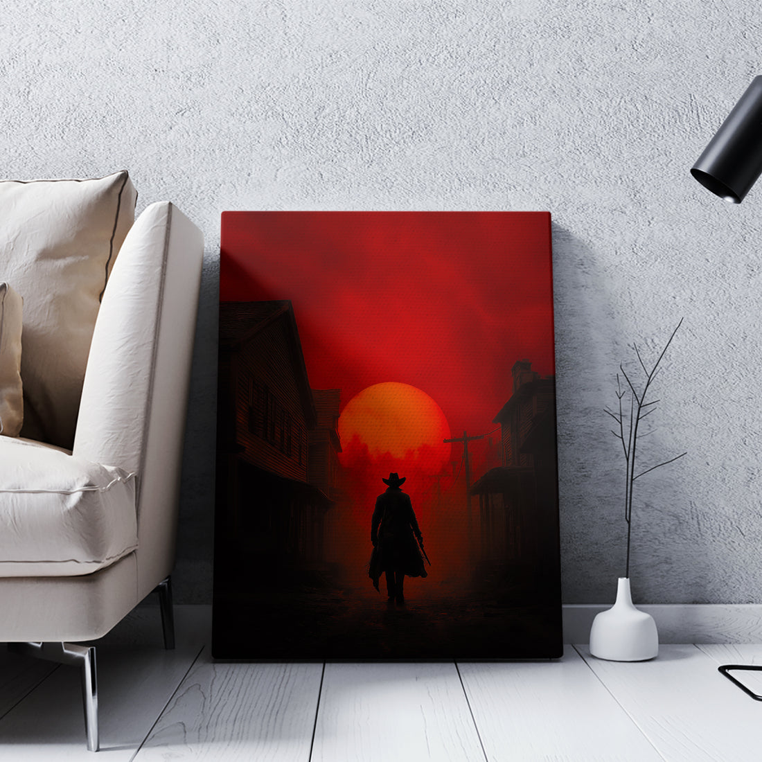Capture the spirit of the American West with this striking canvas wall art featuring a dramatic silhouette of a cowboy against a fiery red sunset. The bold dark shadow print creates striking contrast and visual depth, making it an ideal focal point for living rooms, bedrooms, or above sofas.