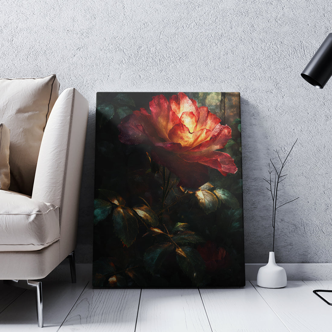 Transform your space with this striking dark floral canvas art featuring a dramatic crimson rose against a deep black background. The gothic botanical design brings sophisticated elegance and moody atmosphere to any room—perfect for living areas, bedroom walls, or above sofas seeking bold visual impact. This high-quality canvas print combines contemporary edge with timeless floral beauty, creating a focal point that complements both modern and eclectic interiors. 