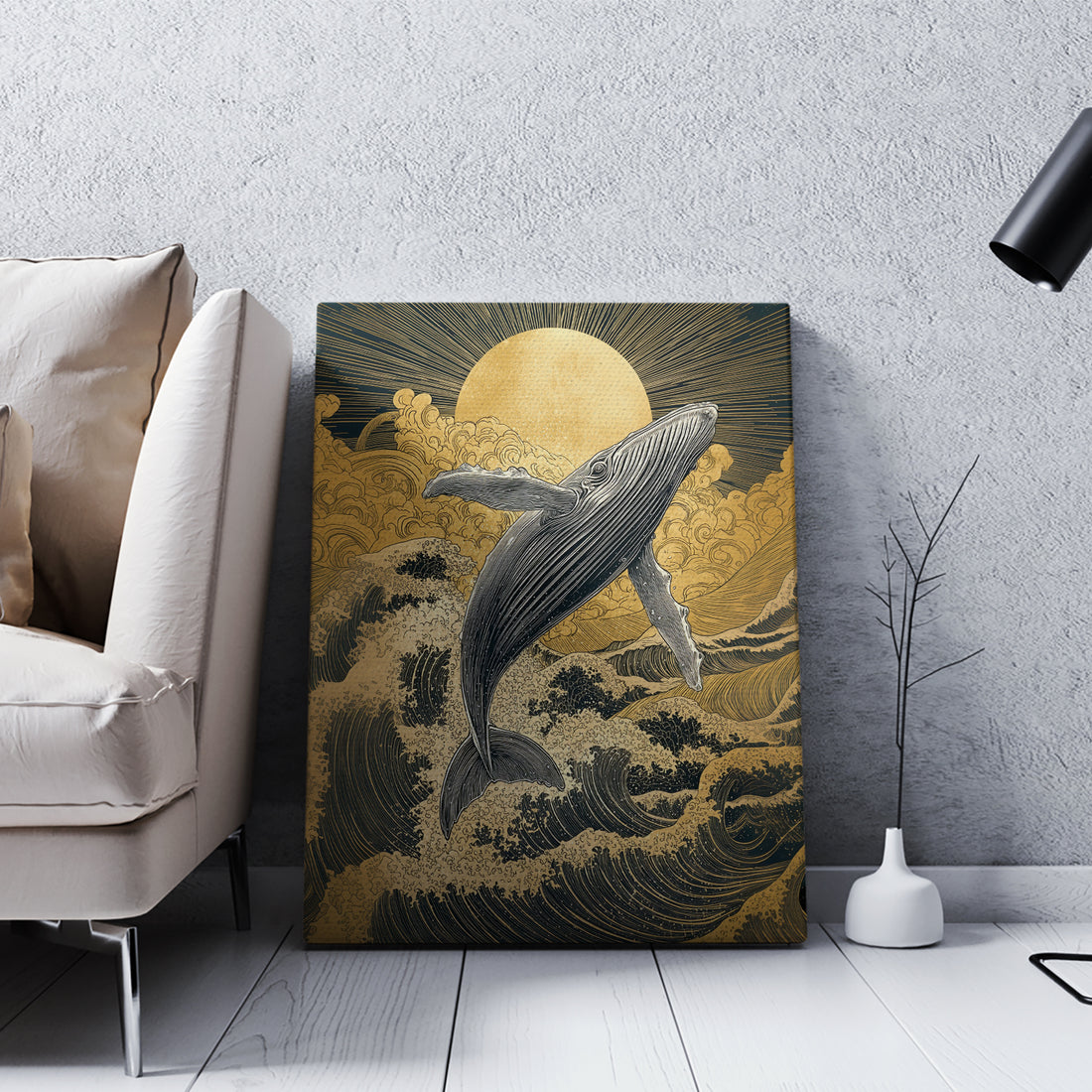 This ocean-themed wall decor captures the majesty of marine life through a sophisticated artistic lens. The composition showcases a graceful whale silhouette paired with a radiant golden sun, creating a dynamic interplay between aquatic and celestial elements. The carefully curated color scheme—featuring oceanic blues accented by warm metallics—establishes visual depth and elegance.