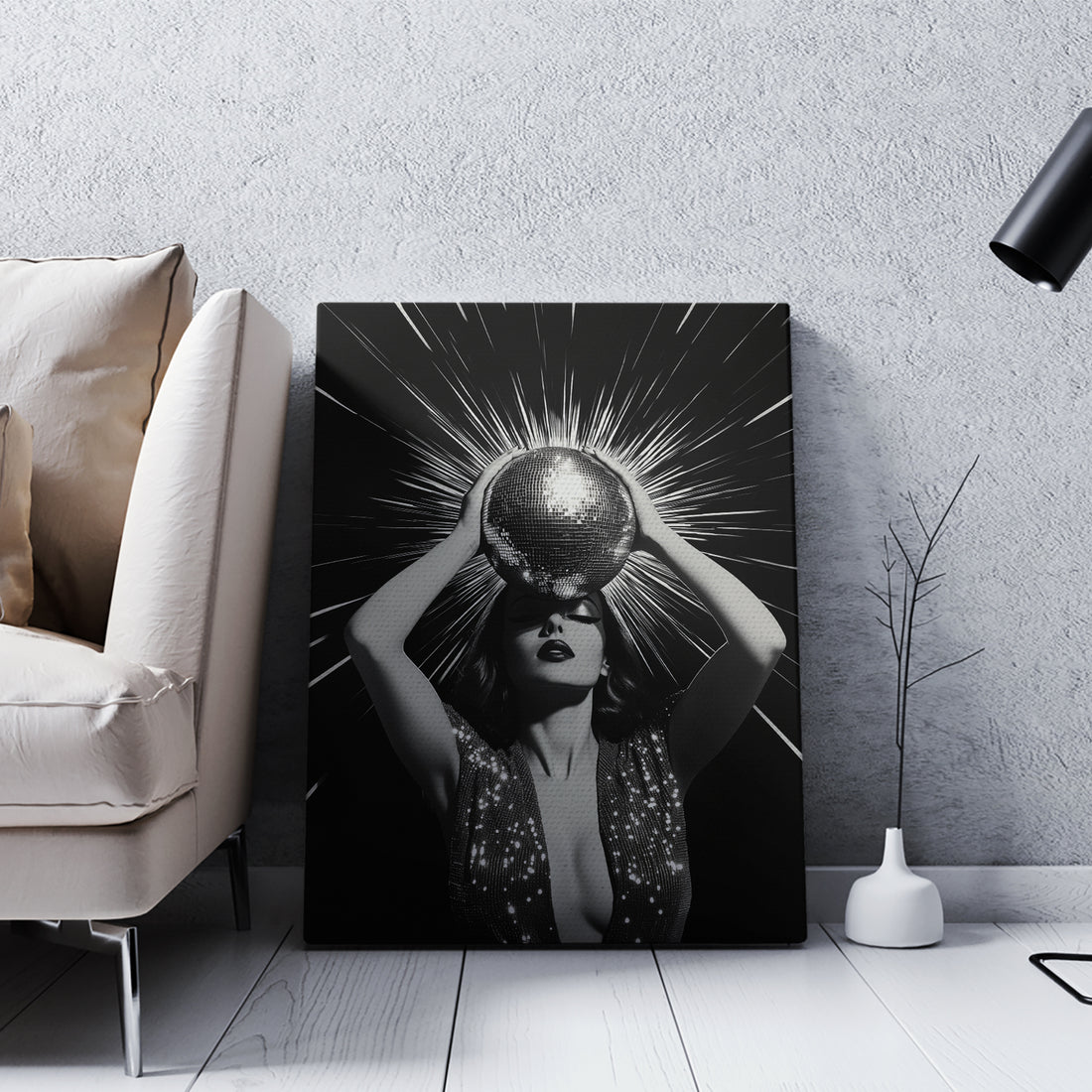 This Black and White Disco Ball Canvas Wall Art is a perfect addition to your home decor. The bold design and high-quality photography print will add a touch of glamour to any room, making it ideal for living rooms, sofa backdrops, and bedside decorations. Elevate your space with this stunning piece.