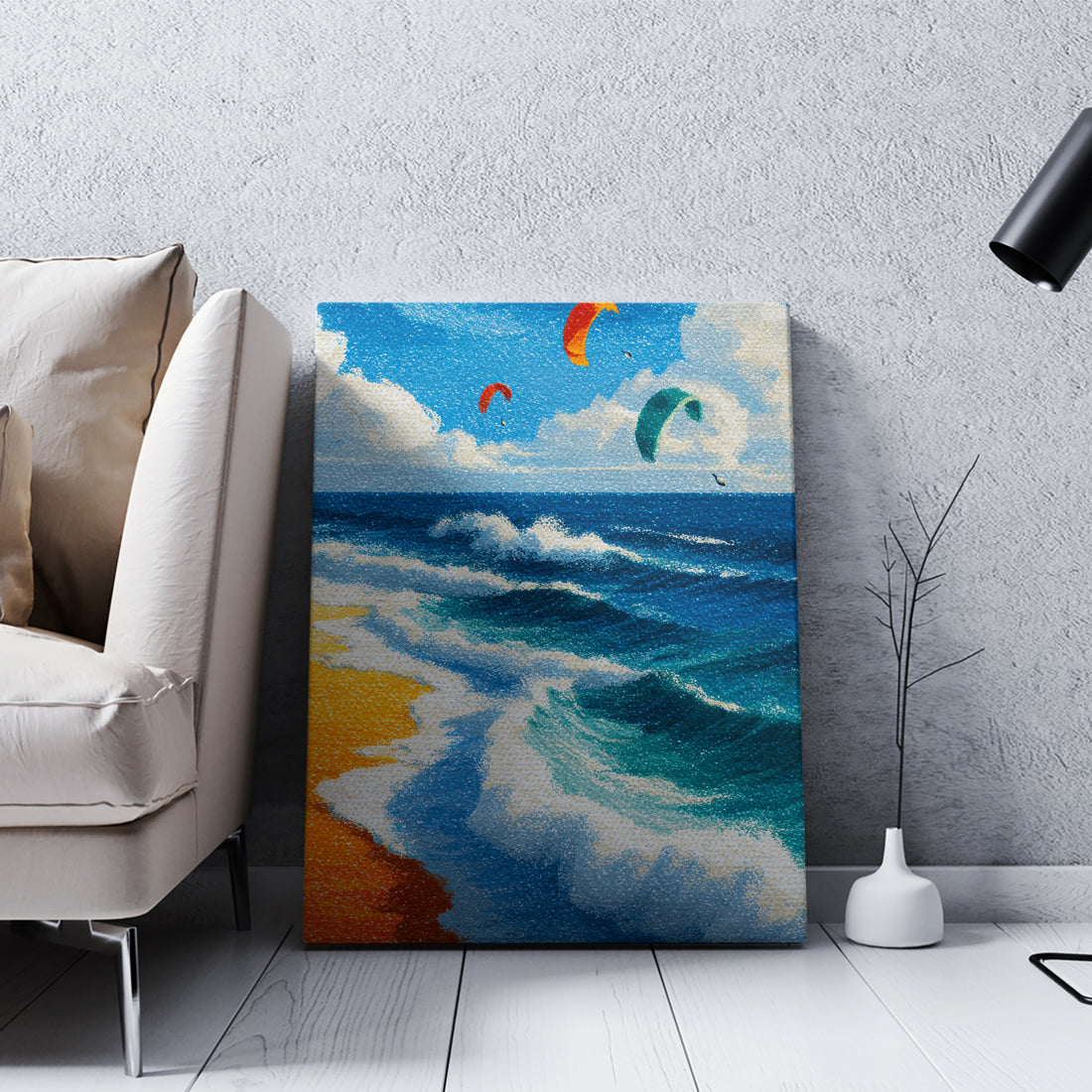 Transform your space with this striking ocean beach canvas that captures the dynamic energy of kitesurfing against dramatic coastal waves. This seascape print brings the raw beauty of the sea indoors, featuring vibrant blues and natural tones that complement any interior aesthetic. Perfect for living rooms, above sofas, or beside bedroom walls, this artwork serves as a sophisticated focal point that evokes the freedom and adventure of coastal living. The high-quality canvas construction ensures lasting colo
