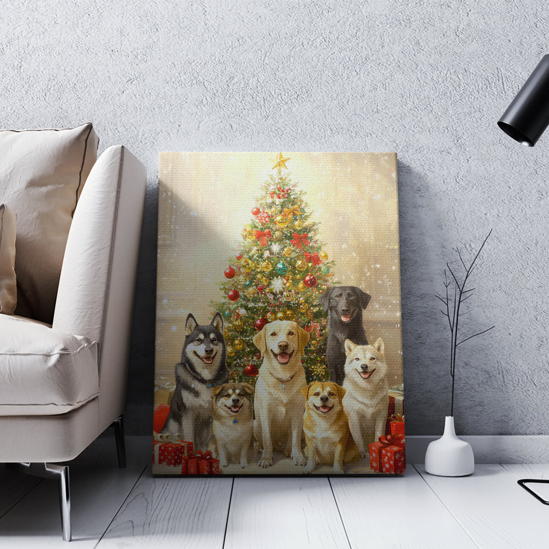 Celebrate the holiday season with this charming Christmas Dogs Portrait Canvas Wall Art, featuring multiple beloved dog breeds gathered around a beautifully decorated tree.