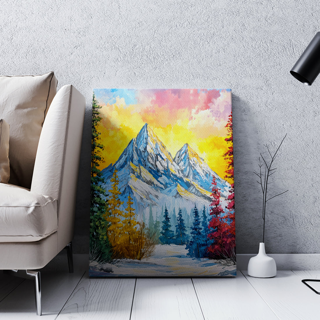 Elevate your interior with this striking impasto mountain landscape canvas print, where bold brushwork and dynamic color create visual depth and movement. The composition captures a dramatic sunset over snow-capped peaks, rendered in vibrant hues that command attention without overwhelming your space. 