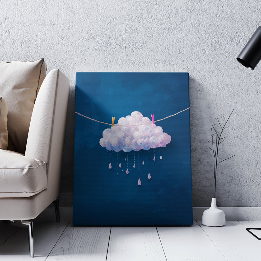 Modern Cloud Wall Art Canvas Print, Navy Blue and White Rain Drops Design - For Living Room, Sofa Backdrop, Bedside Decoration, Home Decor