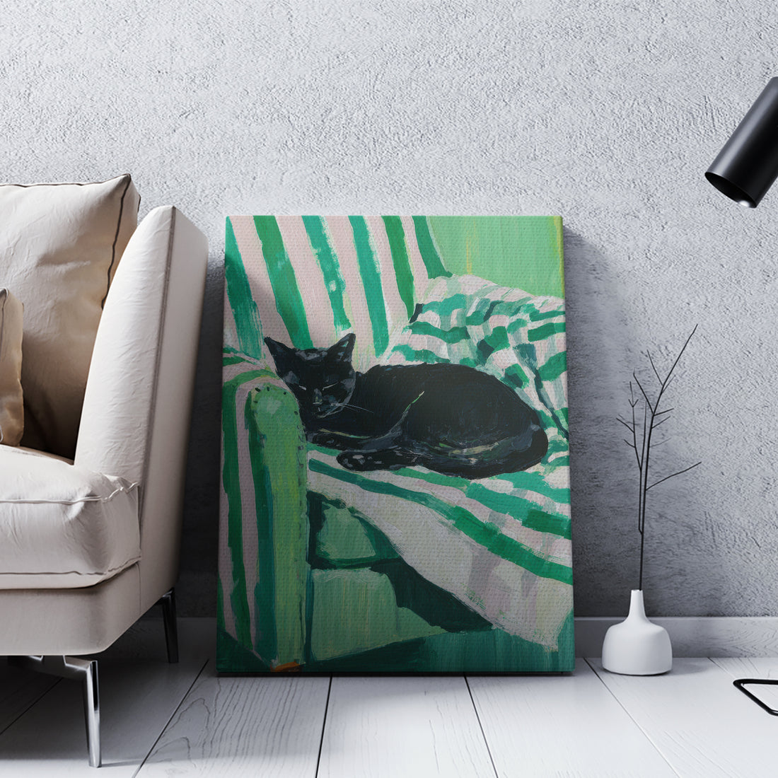 This striking canvas art piece features a sleek black cat silhouette set against a contemporary green striped background, creating a sophisticated focal point for any interior space. The minimalist design combines modern aesthetics with timeless appeal, making it an ideal choice for living rooms, bedrooms, or entryways. The bold contrast between the cat's dark form and the geometric striped backdrop adds visual interest while maintaining an elegant, understated quality.