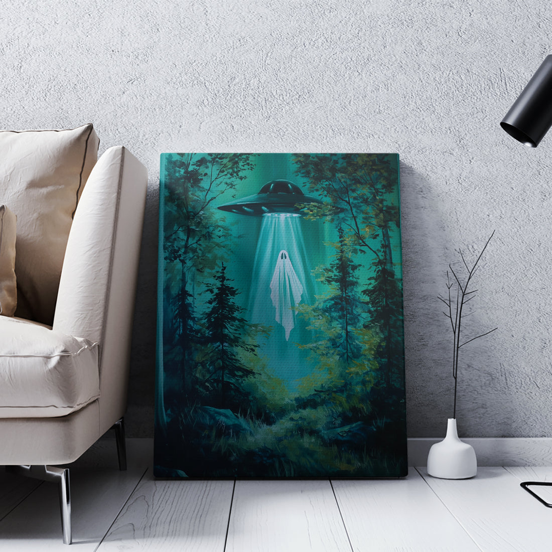 Transform your living space with the UFO Ghost Forest Canvas Wall Art, featuring a captivating supernatural night scene. This striking piece adds a mysterious and atmospheric touch to any room, perfect as a sofa backdrop or bedside decoration. Crafted to enhance your home decor, it invites intrigue and conversation while complementing modern and eclectic interiors. Ideal for those who appreciate unique art that sparks imagination and elevates ambiance.