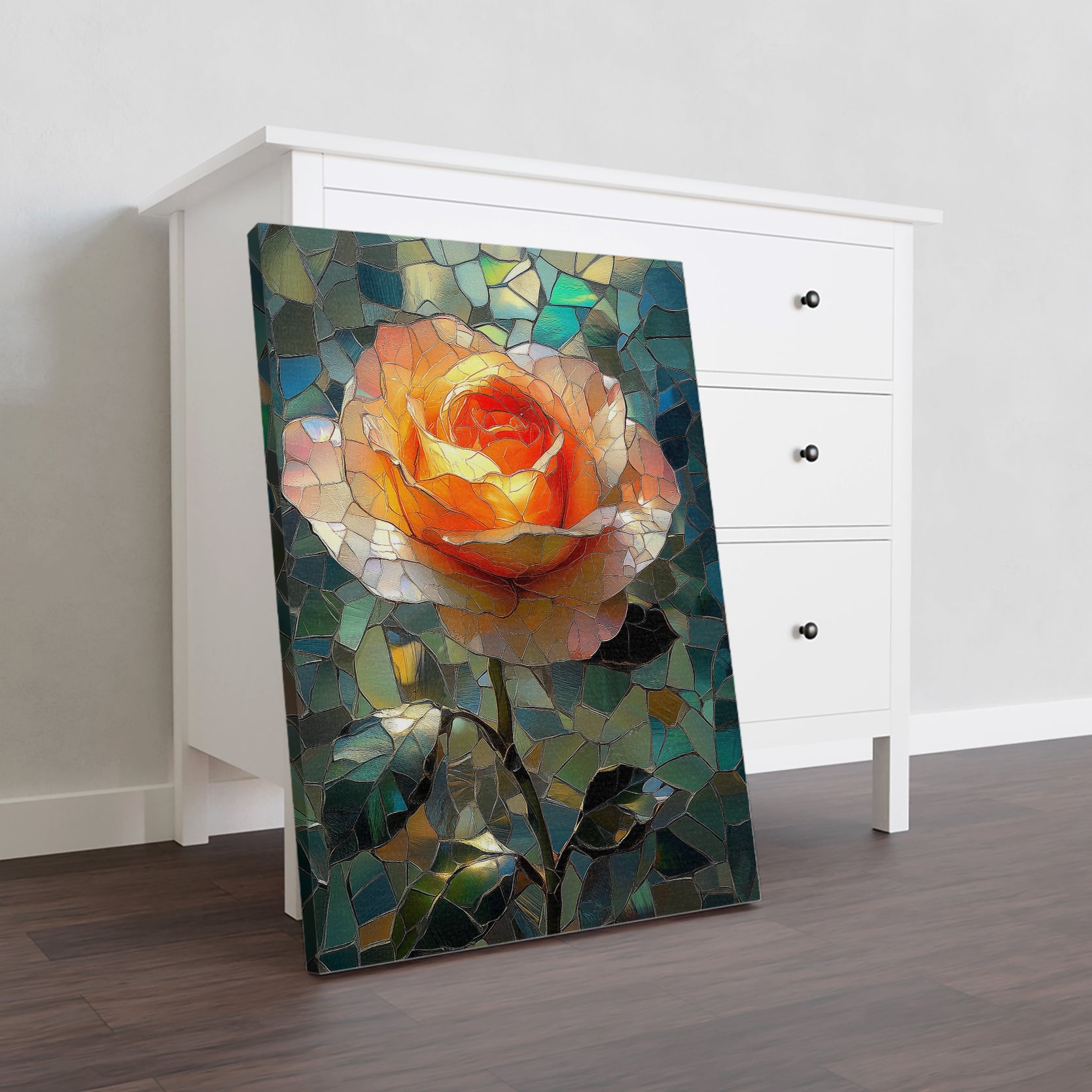 Expertly crafted with stained glass style, our Mosaic Rose Wall Art Canvas features a vibrant orange flower that will liven up any room. Perfect for adding a touch of color and elegance to your living room, sofa backdrop, bedside, or any other home decor.