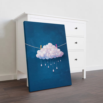 Modern Cloud Wall Art Canvas Print, Navy Blue and White Rain Drops Design - For Living Room, Sofa Backdrop, Bedside Decoration, Home Decor