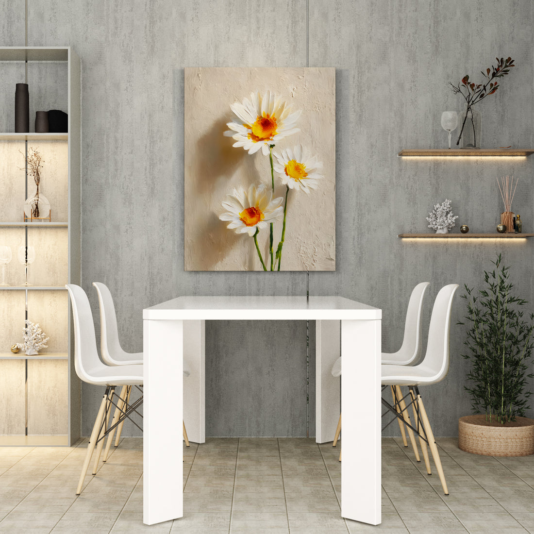 Transform your space with this elegant white daisy canvas art, featuring delicate floral blooms rendered on a richly textured background. The sophisticated composition brings botanical beauty and serene charm to any room—ideal for above sofas, bedroom walls, or living areas seeking refined décor. The textured finish adds depth and visual interest, creating a focal point that complements both contemporary and traditional interiors.