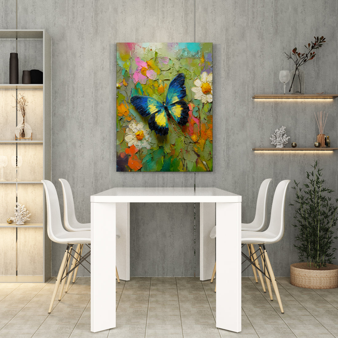 Transform your living space with this vibrant Colorful Butterfly Garden Canvas Wall Art. Featuring a dynamic composition of fluttering butterflies amidst blooming florals, this piece brings nature's elegance directly into your home. The rich, saturated colors create visual depth and movement, making it an ideal focal point for living rooms, bedroom walls, or above sofas.