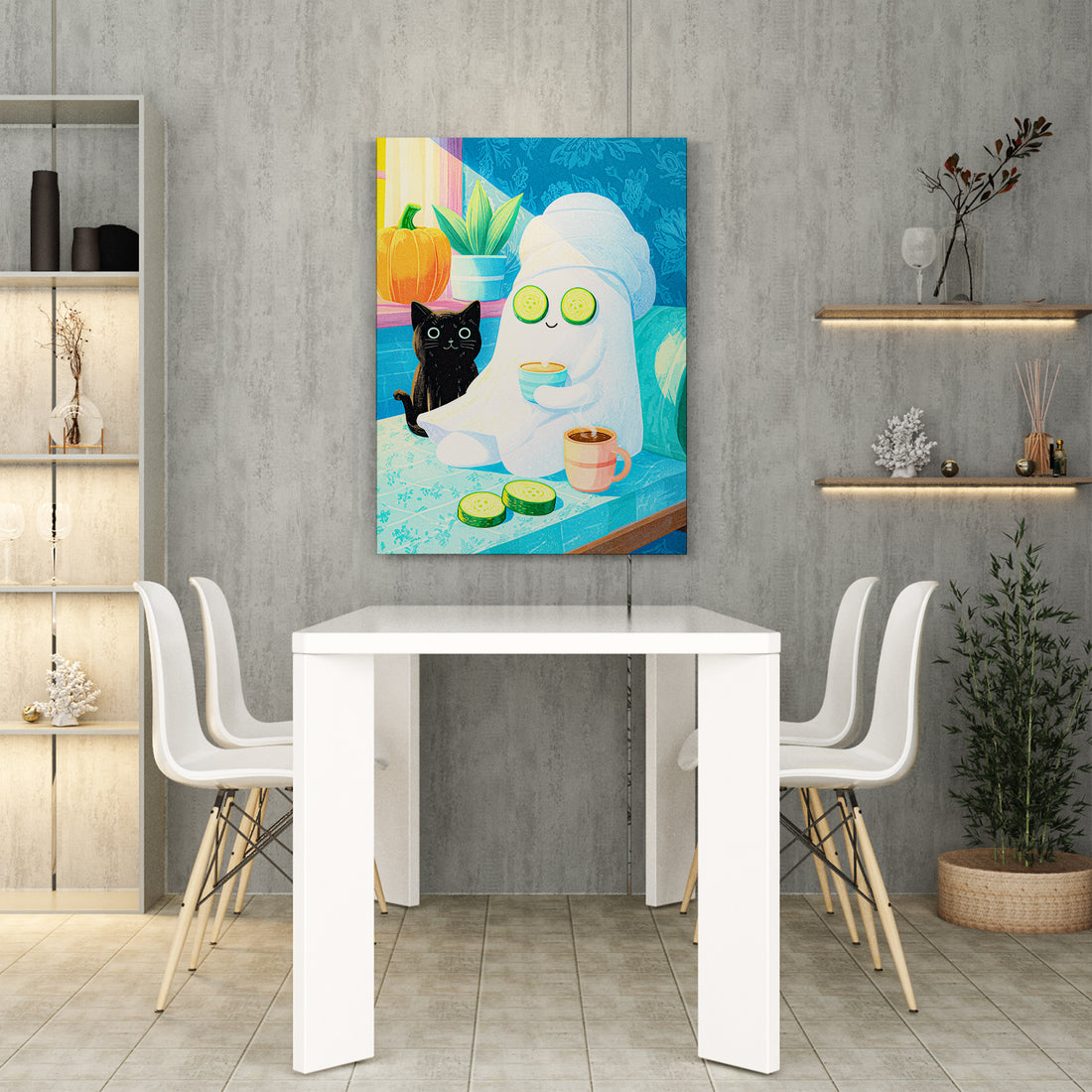 Bring playful Halloween charm to any space with this delightful art print featuring an adorable black cat and friendly ghost enjoying a spa day. Perfect for living rooms, bedside tables, or above sofas, this whimsical design combines seasonal flair with cozy comfort.