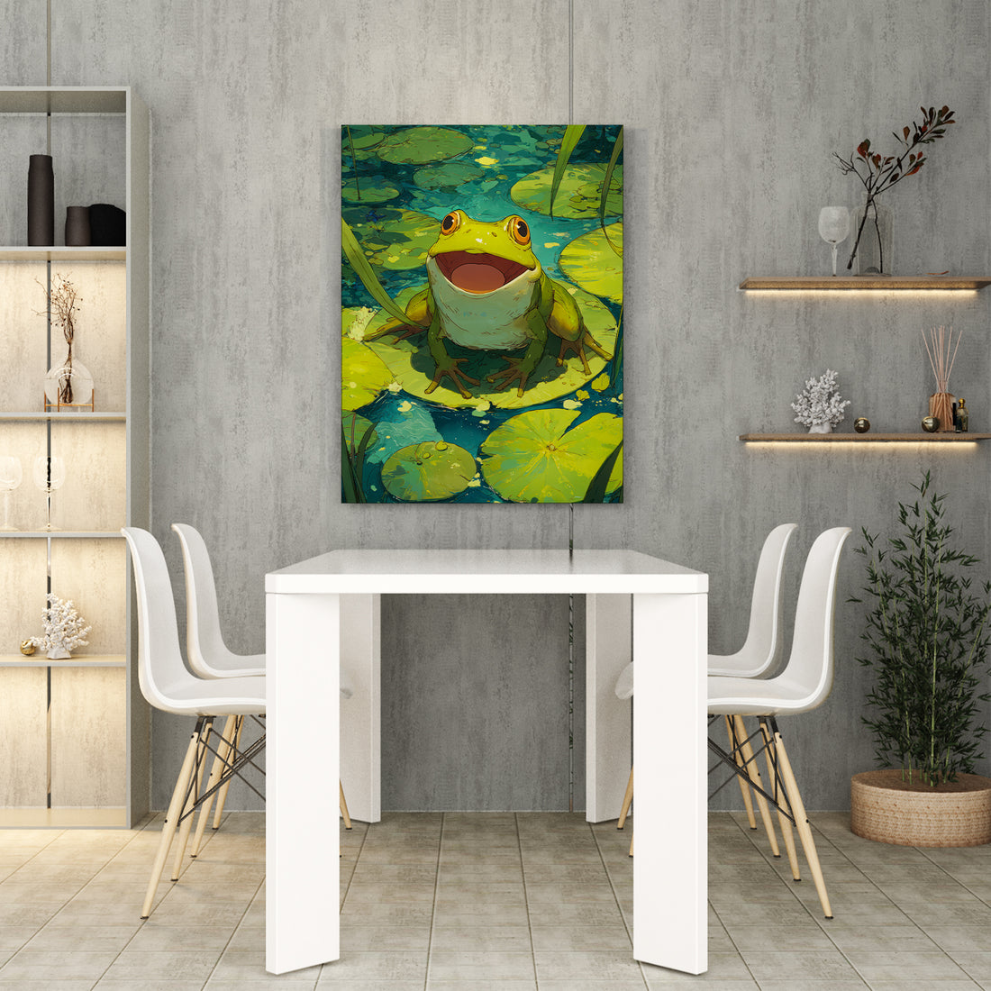 Bring a touch of nature’s charm to your living space with this Smiling Frog on Lily Pad canvas print. Expertly crafted, this artwork captures a joyful frog resting on a lily pad, adding a serene and uplifting vibe to your living room, sofa backdrop, or bedside area. Its vibrant colors and detailed design make it a refined choice for enhancing home decor with a subtle yet captivating natural theme.